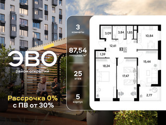 Планировка трехкомнатной(квартира) площадью 87.54 квадратных метров в ЖК “ЖК ЭВО”
