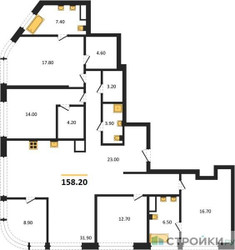 Планировка 4+ комнатной(квартира) площадью 158.2 квадратных метров в ЖК “ЖК Остров”