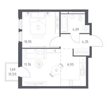 Планировка однокомнатной(квартира) площадью 38.59 квадратных метров в “ЖК Космический Квартал”
