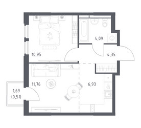 Планировка однокомнатной(квартира) площадью 38.59 квадратных метров в ЖК “ЖК Космический Квартал”