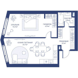 Планировка однокомнатной(квартира) площадью 50.7 квадратных метров в ЖК “ЖК Свет”