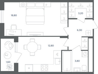 Планировка однокомнатной(квартира) площадью 44.2 квадратных метров в ЖК “ЖК Равновесие”