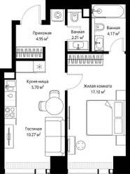 Планировка однокомнатной(квартира) площадью 44.4 квадратных метров в ЖК “ЖК Веер”