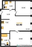 Планировка двухкомнатной(квартира) площадью 62.9 квадратных метров в “ЖК Sokolniki (Сокольники)”