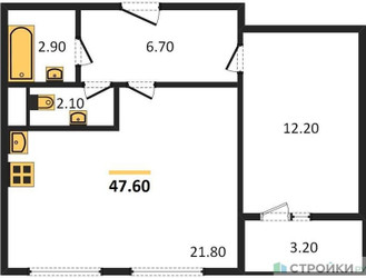 Планировка однокомнатной(квартира) площадью 47.6 квадратных метров в ЖК “ЖК Карамельный”