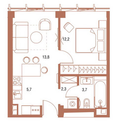 Планировка однокомнатной(квартира) площадью 38 квадратных метров в ЖК “ЖК Симфония 34”