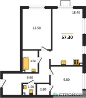 Планировка двухкомнатной(квартира) площадью 57.3 квадратных метров в “ЖК Лучи-2”