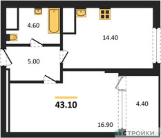 Планировка однокомнатной(квартира) площадью 43.1 квадратных метров в “ЖК VERY на Миклухо-Маклая (Вери на Миклухо-Маклая)”