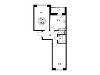Планировка двухкомнатной(квартира) площадью 55.8 квадратных метров в ЖК “ЖК Солнечная долина (Щёлково)”
