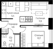 Планировка однокомнатной(апартаменты) площадью 36.8 квадратных метров в “ЖК Апарт-комплекс AIST RESIDENCE (Аист Резиденс)”