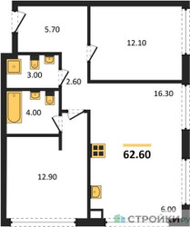 Планировка двухкомнатной(квартира) площадью 62.6 квадратных метров в ЖК “ЖК Мангазея в Богородском”