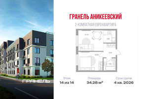 Планировка двухкомнатной(квартира) площадью 34.28 квадратных метров в “ЖК Аникеевский”