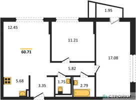 Планировка двухкомнатной(квартира) площадью 60.71 квадратных метров в “ЖК Квартал Авиаторов”