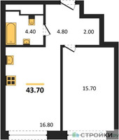 Планировка однокомнатной(квартира) площадью 43.7 квадратных метров в “ЖК Мангазея на Речном”