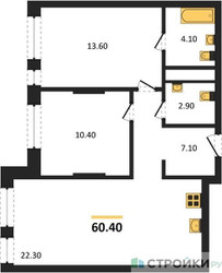 Планировка двухкомнатной(квартира) площадью 60.4 квадратных метров в ЖК “ЖК Первый Московский”