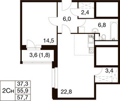 Планировка двухкомнатной(квартира) площадью 55.3 квадратных метров в “ЖК Идеал”