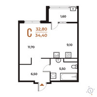 Планировка студии(квартира) площадью 34.4 квадратных метров в “ЖК Новое Летово”