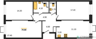 Планировка трехкомнатной(квартира) площадью 79.8 квадратных метров в “ЖК Мытищи Парк”