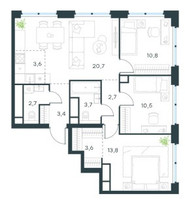Планировка 4+ комнатной(квартира) площадью 75.3 квадратных метров в “ЖК Level Звенигородская”