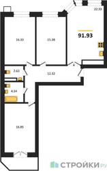 Планировка трехкомнатной(квартира) площадью 91.93 квадратных метров в ЖК “ЖК Мечта”