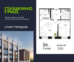Планировка двухкомнатной(квартира) площадью 43.64 квадратных метров в “ЖК Пушкино Град”