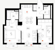 Планировка двухкомнатной(квартира) площадью 54.3 квадратных метров в “ЖК Восточное Бутово”