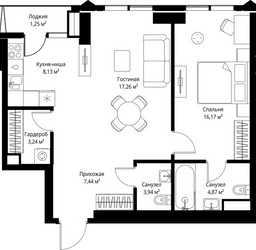 Планировка однокомнатной(квартира) площадью 62.3 квадратных метров в ЖК “ЖК Джойс”