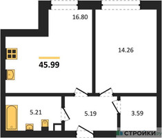 Планировка однокомнатной(квартира) площадью 45.99 квадратных метров в “ЖК Sezar City (Сезар Сити)”