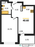 Планировка однокомнатной(квартира) площадью 40.6 квадратных метров в “ЖК Бунинские кварталы”