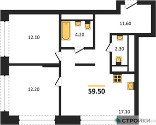 Планировка двухкомнатной(квартира) площадью 59.5 квадратных метров в ЖК “ЖК Первый Московский”