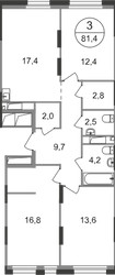 Планировка трехкомнатной(квартира) площадью 81.4 квадратных метров в ЖК “ЖК Первый Московский”
