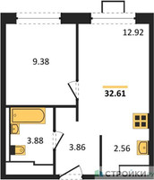 Планировка однокомнатной(квартира) площадью 32.61 квадратных метров в “ЖК Прибрежный Парк”