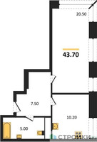 Планировка однокомнатной(апартаменты) площадью 43.7 квадратных метров в “ЖК Мираполис”