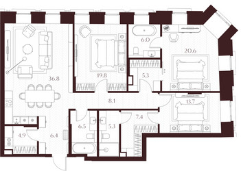 Планировка трехкомнатной(квартира) площадью 140.8 квадратных метров в ЖК “ЖК Климашкина 7/11”