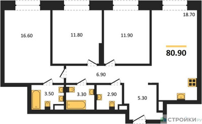 Планировка трехкомнатной(квартира) площадью 80.9 квадратных метров в ЖК “ЖК КОД Сокольники”