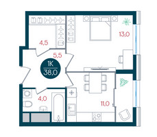 Планировка однокомнатной(квартира) площадью 38 квадратных метров в “ЖК РУСИЧ-Кантемировский”