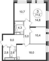 Планировка трехкомнатной(квартира) площадью 77.6 квадратных метров в “ЖК Первый Московский”