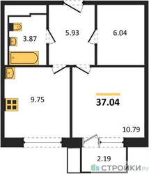Планировка однокомнатной(квартира) площадью 37.04 квадратных метров в ЖК “ЖК Новое Внуково”
