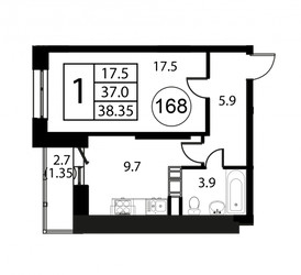 Планировка однокомнатной(квартира) площадью 38.4 квадратных метров в ЖК “ЖК Космос”