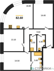 Планировка трехкомнатной(квартира) площадью 82.6 квадратных метров в ЖК “ЖК ЗИЛАРТ”