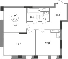 Планировка двухкомнатной(квартира) площадью 56.9 квадратных метров в “ЖК Первый Московский”