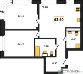 Планировка двухкомнатной(квартира) площадью 62.6 квадратных метров в ЖК “Архитектурный проект U2 (ЮТУ)”