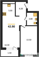 Планировка однокомнатной(апартаменты) площадью 42.9 квадратных метров в “ЖК Равновесие”