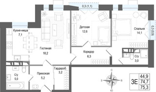 Планировка трехкомнатной(квартира) площадью 74.8 квадратных метров в “ЖК КИНОКВАРТАЛ”