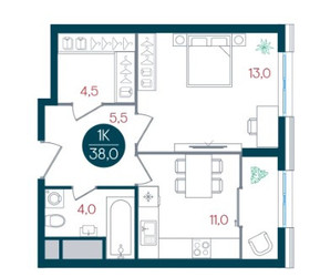 Планировка однокомнатной(квартира) площадью 38 квадратных метров в ЖК “ЖК РУСИЧ-Кантемировский”