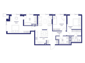 Планировка трехкомнатной(квартира) площадью 103 квадратных метров в ЖК “ЖК Событие”