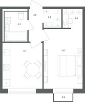 Планировка однокомнатной(квартира) площадью 38.4 квадратных метров в “ЖК Равновесие”