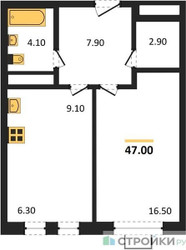 Планировка однокомнатной(квартира) площадью 47 квадратных метров в ЖК “ЖК Вереск”