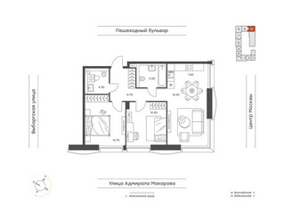 Планировка трехкомнатной(квартира) площадью 67.6 квадратных метров в ЖК “Яркий квартал Инджой”
