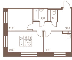 Планировка двухкомнатной(квартира) площадью 51.6 квадратных метров в “ЖК Западная Ивантеевка”